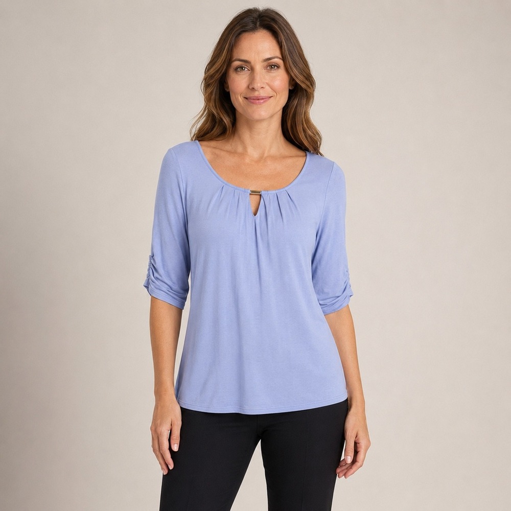 White House Black Market Periwinkle Blue Pleated Gold Accent Ruched Sleev Top XS